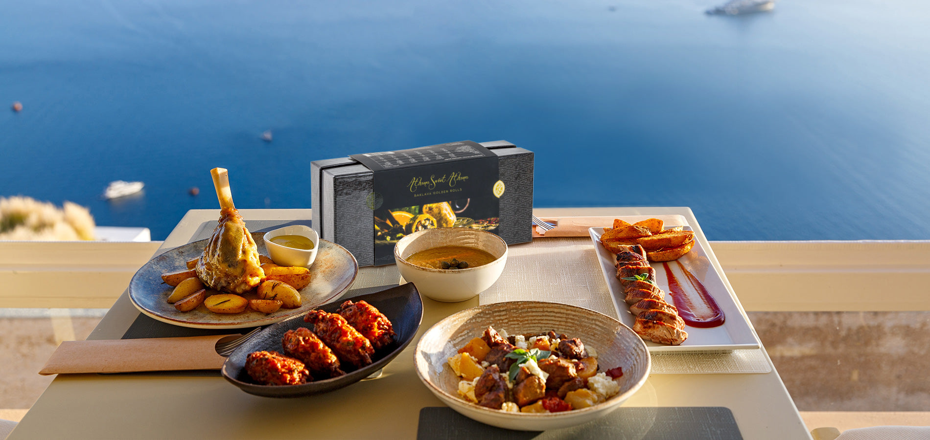 Greek foods on table and Greek sea
