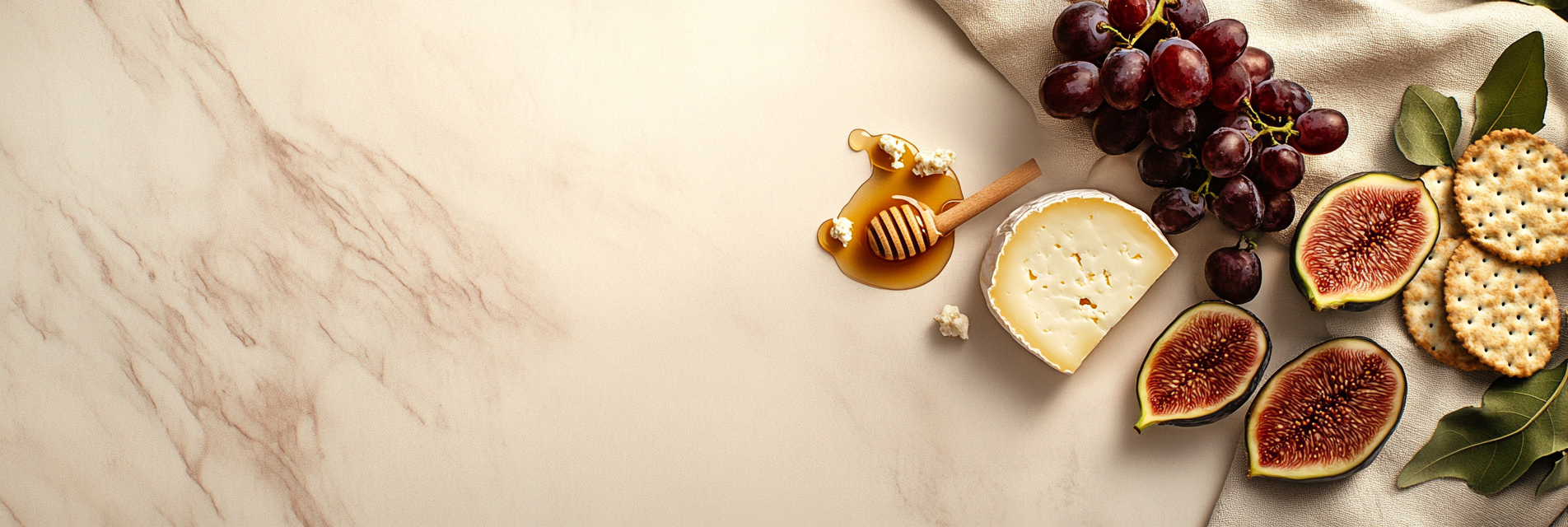 Cheese, figs and honey on marble