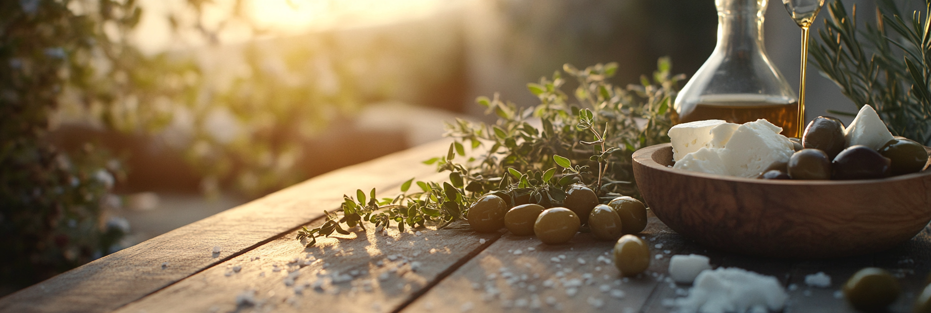 Herbs and olives on a rustic table