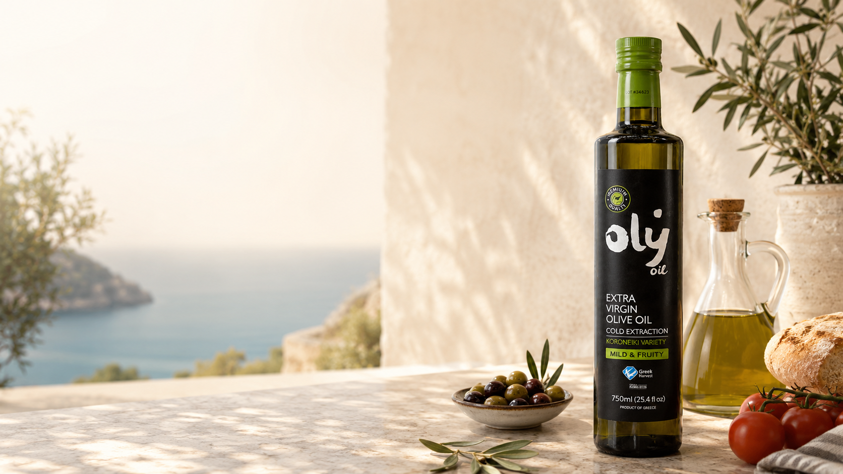 OLY Extra Virgin Olive Oil on a Mediterranean table